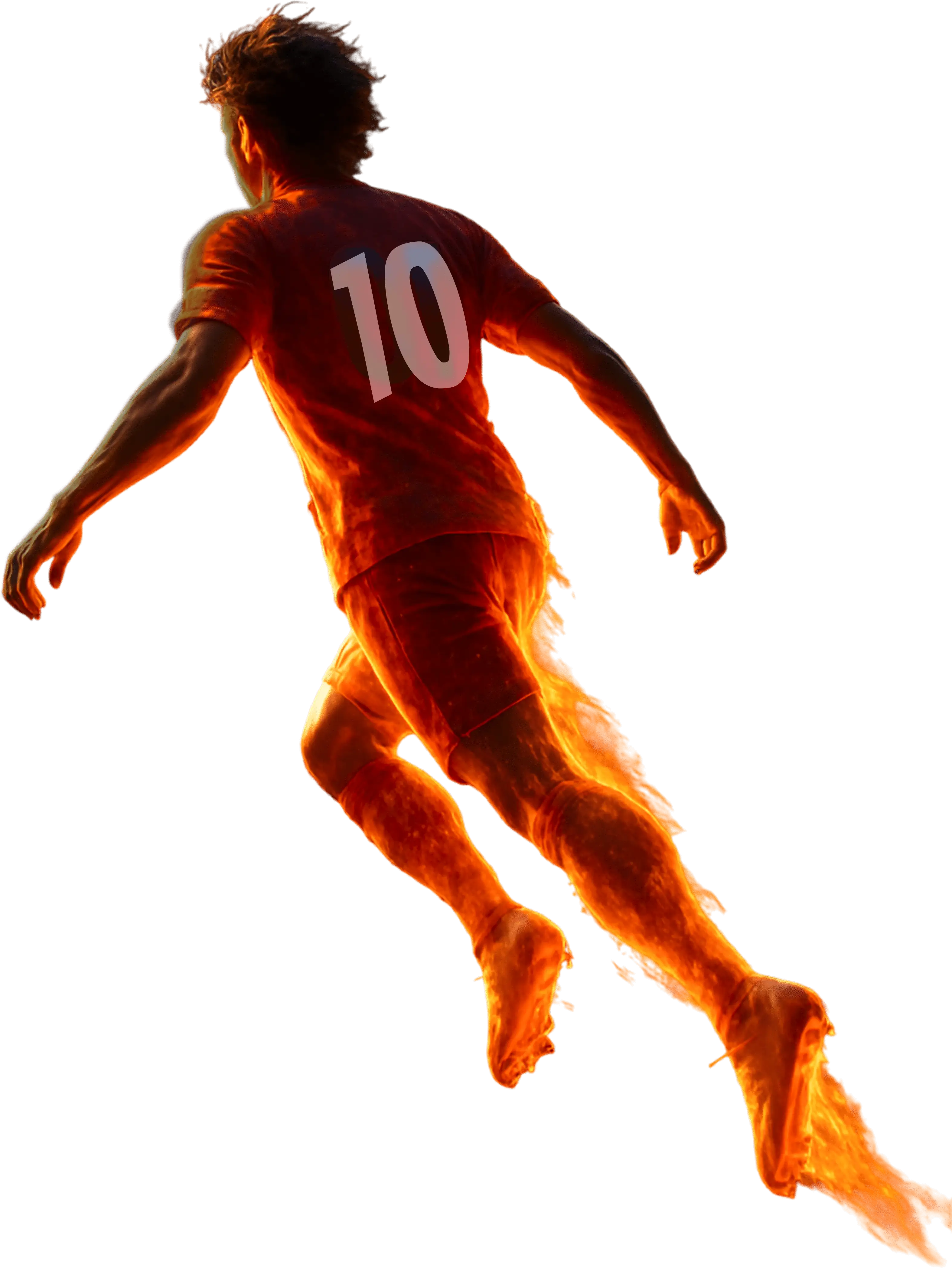 Footballer in full stride, lit up like burning fire