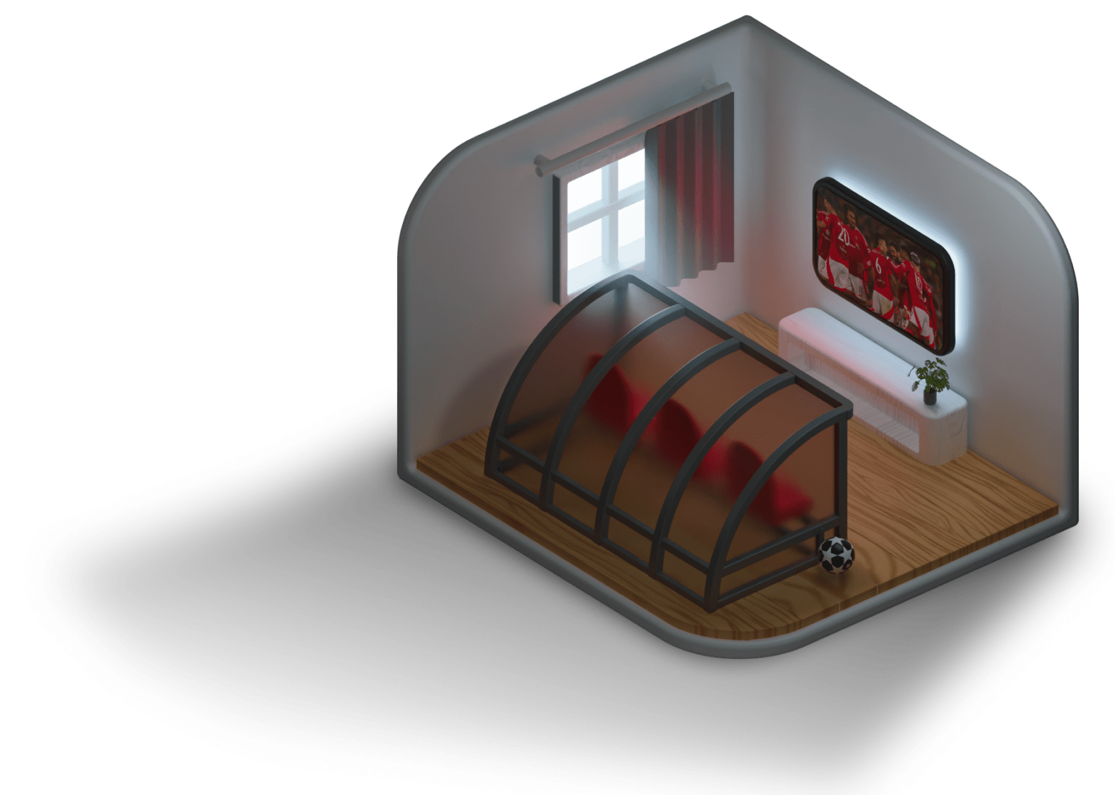 Bench player scene — dugout bedroom with match on TV